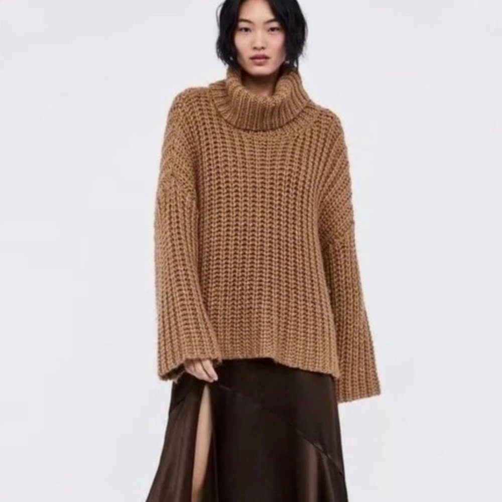 Zara Knits Brown Chunky Cropped Cowl Sweater S